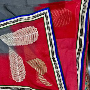 Vibrant Multicolor Saree with Leaf Embroidery