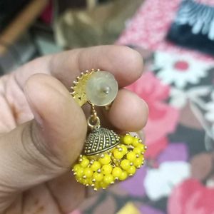 Golden And Yellow Beaded Peacock Jhumki Earring