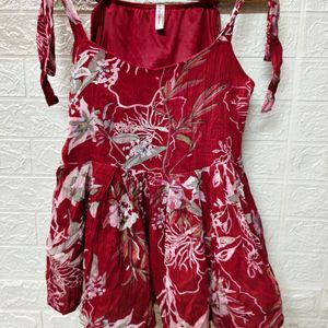 Red Floral Spaghetti Tie-Up Knot Top - For Medium