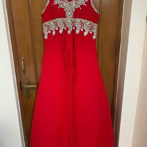 Red Long Flared Gown With Heavy Embroidery