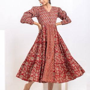 Hand Block Print Rust Midi Dress