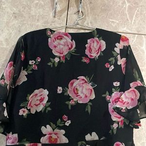 Black Flower Print Top Cum Crop Piece