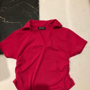 Hot Pink Fitted V Neck Crop Ruched Sides Top