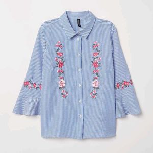 H&M Blue White Blouse with embroidery Top