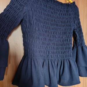 Navy Blue Smocked Peplum Top(Women)