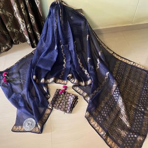 Blue Organza Silk  Saree Vth Blouse