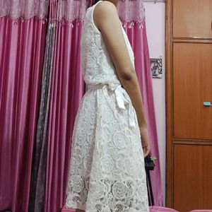 Off White Dress With Ribbon Belt