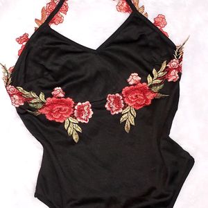 Flower Applique Beautiful Bodysuit With Deep Back