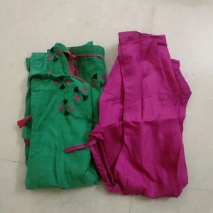 Pink With Green Kurta Set