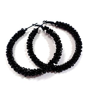 Black Beaded Hoop Earrings (Handmade)