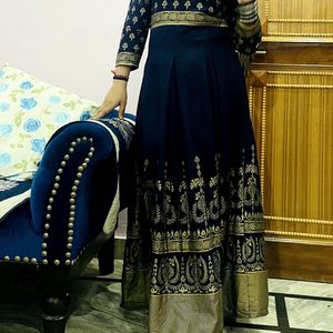 Blue & Golden Anarkali Long Kurti For Wedding