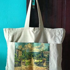 Beige Printed Daily Use Tote Bag