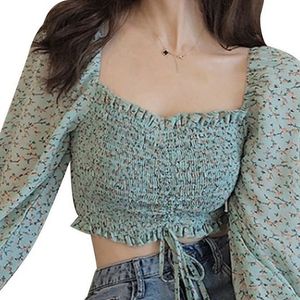 Square Neck RuffleDrawstring Cute Floral Print Top