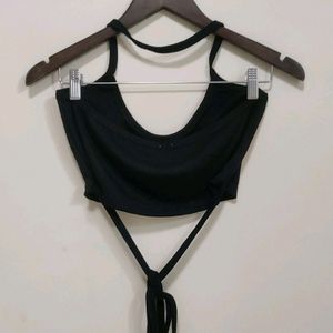 Black Tie Back Crop Halter Top