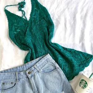 Pinterest Crochet Shinny Bottle Green Backless Top