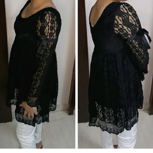 Women Black Lace Crepe Sleeves Tie Up Dress