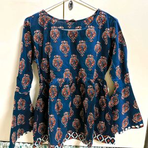 New Dark Blue Printed Peplum Cotton Top