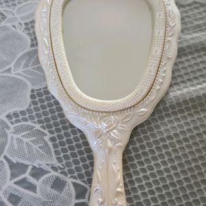 Ivory White Hand Mirror with carved roses