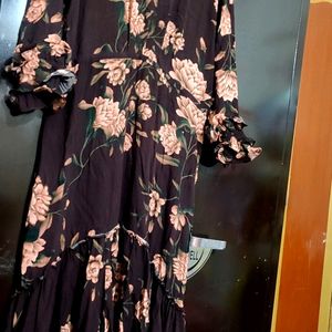 Coffee Brown Floral Printed Dress For 42 Bust