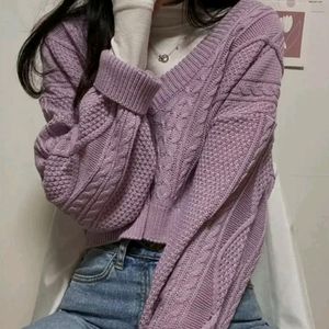 Korean Lavender V Neck Cropped Sweater