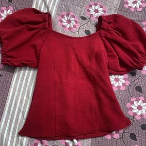 Red Puff Sleeves Top For Women