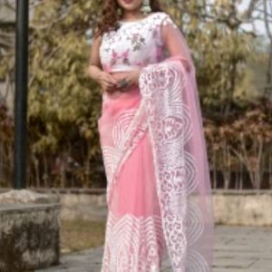 Net Saree Baby Pink Only