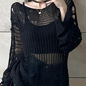 Y2k Crochet Distressed Black Oversized Top