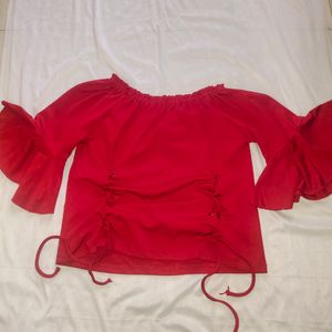 Red Frilled Sleeves Crop Top Eith waist Knot