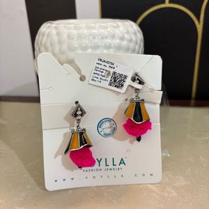 Kalbelia Enamlead Pink Pompom Earrings