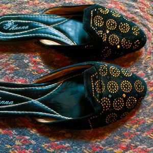 Black - Golden Embellished Flats