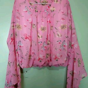 Pink Floral Top, Frill And Long Sleeve