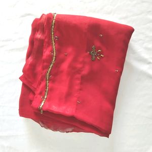 Red Bead Embroidered Saree (Women's)