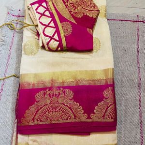 Pink Creamy Contrast Saree With Blouse