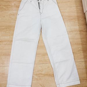 White Straight Fit Jeans With Brown Border