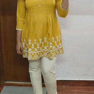 Mustard Tunic With Beautiful White Embroidery