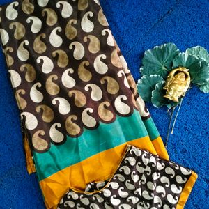 Vichitra Brown Saree With Printed Mango Designs