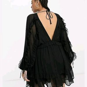 Deep Neck Sexy Black Flared Dress - M Size