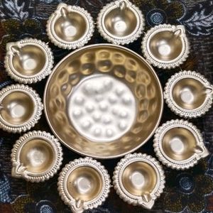 Metal Golden Diya Urli Bowl Diwali Special 10 inch