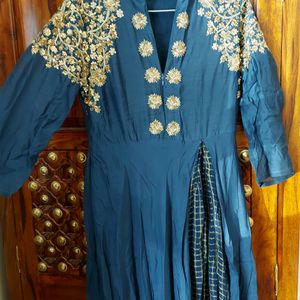 Navy Blue Chinon Handwork Straight Gown