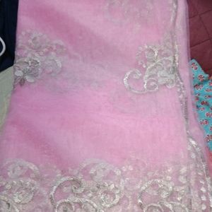 Baby Pink Silver Work Net Saree Light Weight