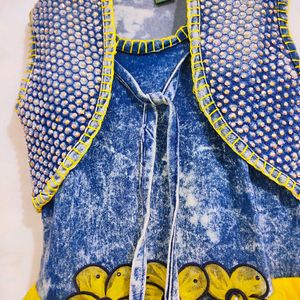 yellow denim frock with soft net material