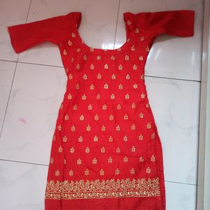 🆕 Red Embroidery Kurti With Pant And Dupatta