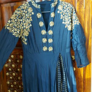 Navy Blue Chinon Handwork Straight Gown