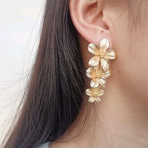 Triple Flower Drop Gold Dangle Earring