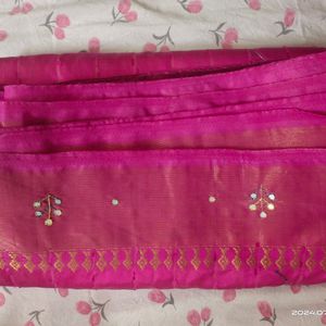 Semi Silk Saree - White And Magenta