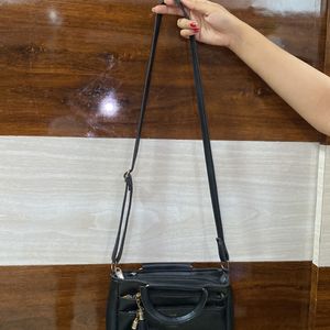 Black Leathered Mix Slingbag Women