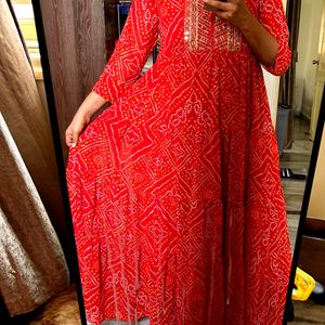 Red Bandhini Print Long Frock