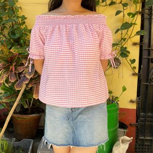 Pink Gingham Off Shoulder Top With Bow Detailing