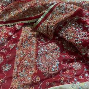 Beautiful Red And White Heavy Work Wedding Saree