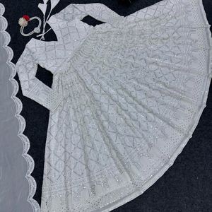 White Chickenkari Gown With Dupatta